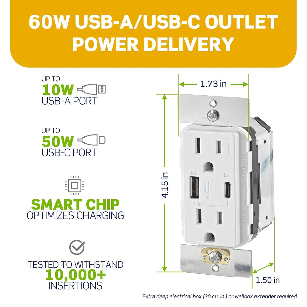 Leviton Decora 60W USB-A/C PD Wall Outlet, 15A TR Receptacle AC1P6-W White