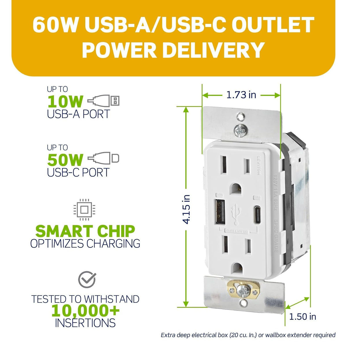 Leviton Decora 60W USB-A/C PD Wall Outlet, 15A TR Receptacle AC1P6-W White