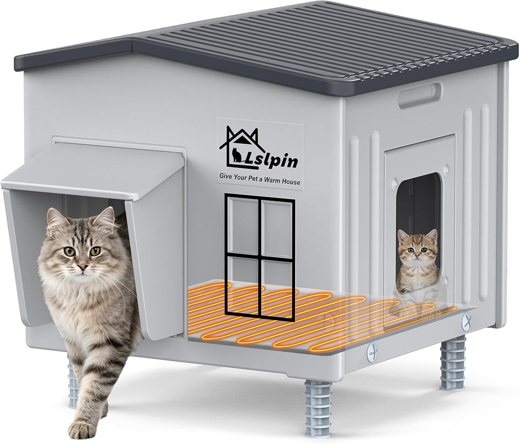 Indestructible Heated Cat House for Outside, 100% Waterproof & Weatherproof Heated Outdoor Cat House with Escape Door