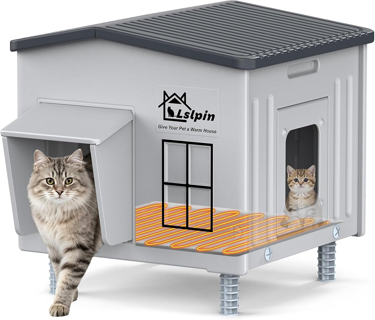 Indestructible Heated Cat House for Outside, 100% Waterproof & Weatherproof Heated Outdoor Cat House with Escape Door