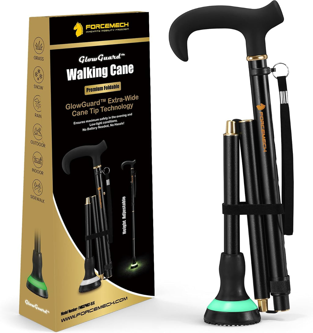 GlowGuard Walking Cane for Men & Women - Extra-Wide 2.68" Glow Cane Tip with Photoluminescent Ring, Height Adjustable