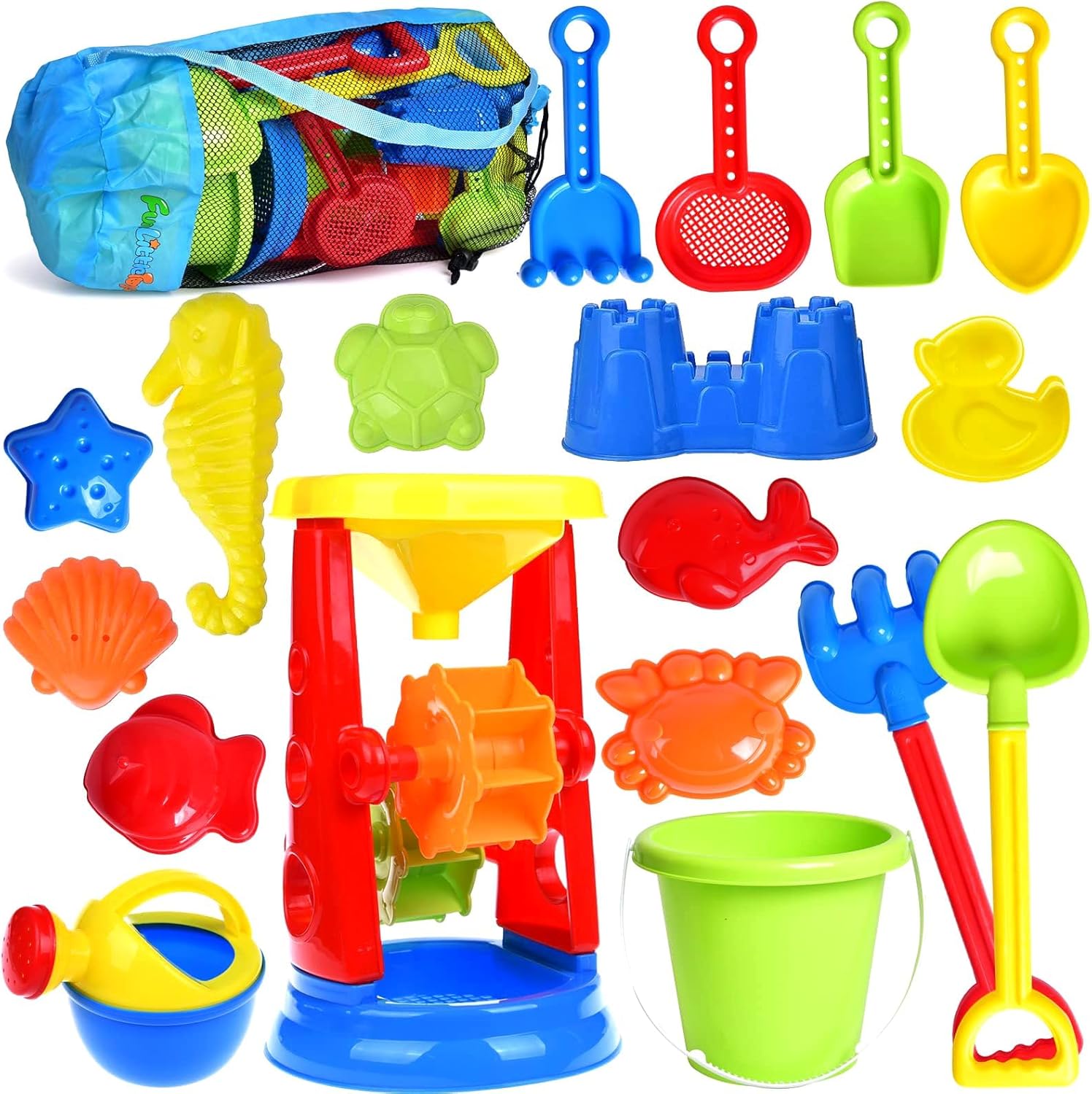 Beach Toys, 19 Piece Sand Toys Set Kids Sandbox Toys Includes Water Wheel Beach Tool Kit Bucket Watering Can Molds