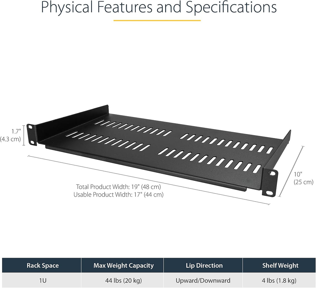 StarTech 1U Vented Rack Shelf, 10in Deep, 44lb/20kg (CABSHELFV1U)