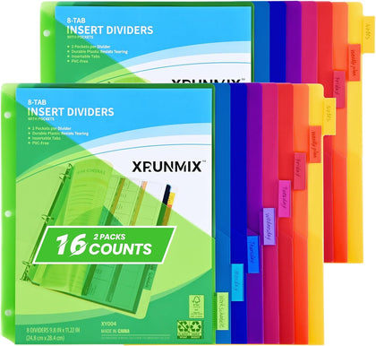 8-Tab Binder Dividers - Index Pockets Divider for 3 Ring Binders, 3-Hole Plastics Sheets Protectors for US Letter