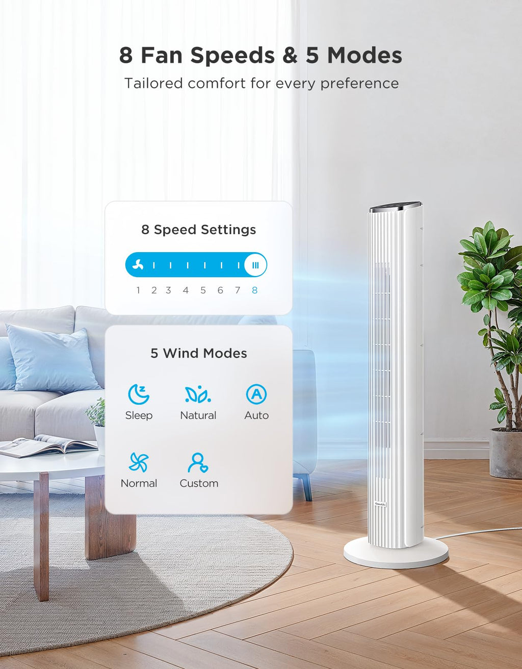 36 in. White Tower Fan for Bedroom, 5 Modes 8 Speeds up to 25ft/s