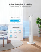 36 in. White Tower Fan for Bedroom, 5 Modes 8 Speeds up to 25ft/s