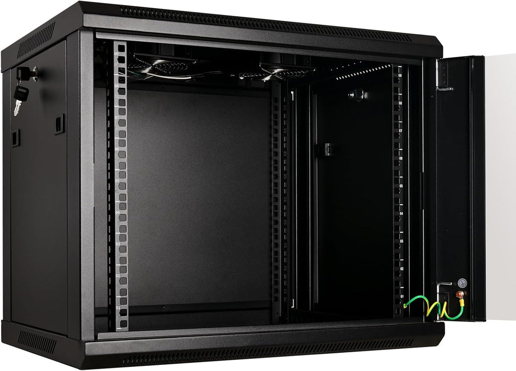 RackPath 9U Professional Wall Mount Server Cabinet Network Rack Enclosure with 2X Quiet Cooling Fan, 1x Brush Cable Management Panel, Black