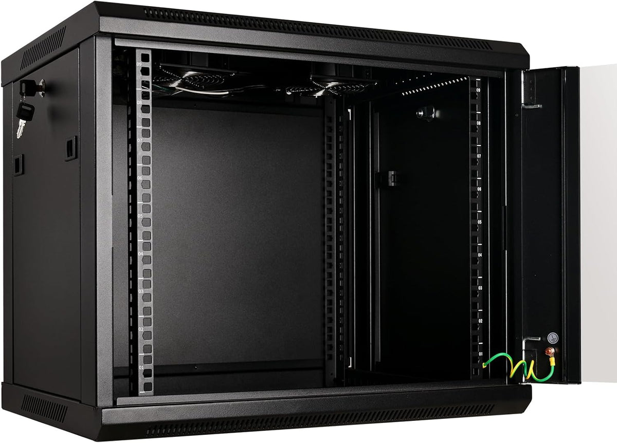 RackPath 9U Professional Wall Mount Server Cabinet Network Rack Enclosure with 2X Quiet Cooling Fan, 1x Brush Cable Management Panel, Black