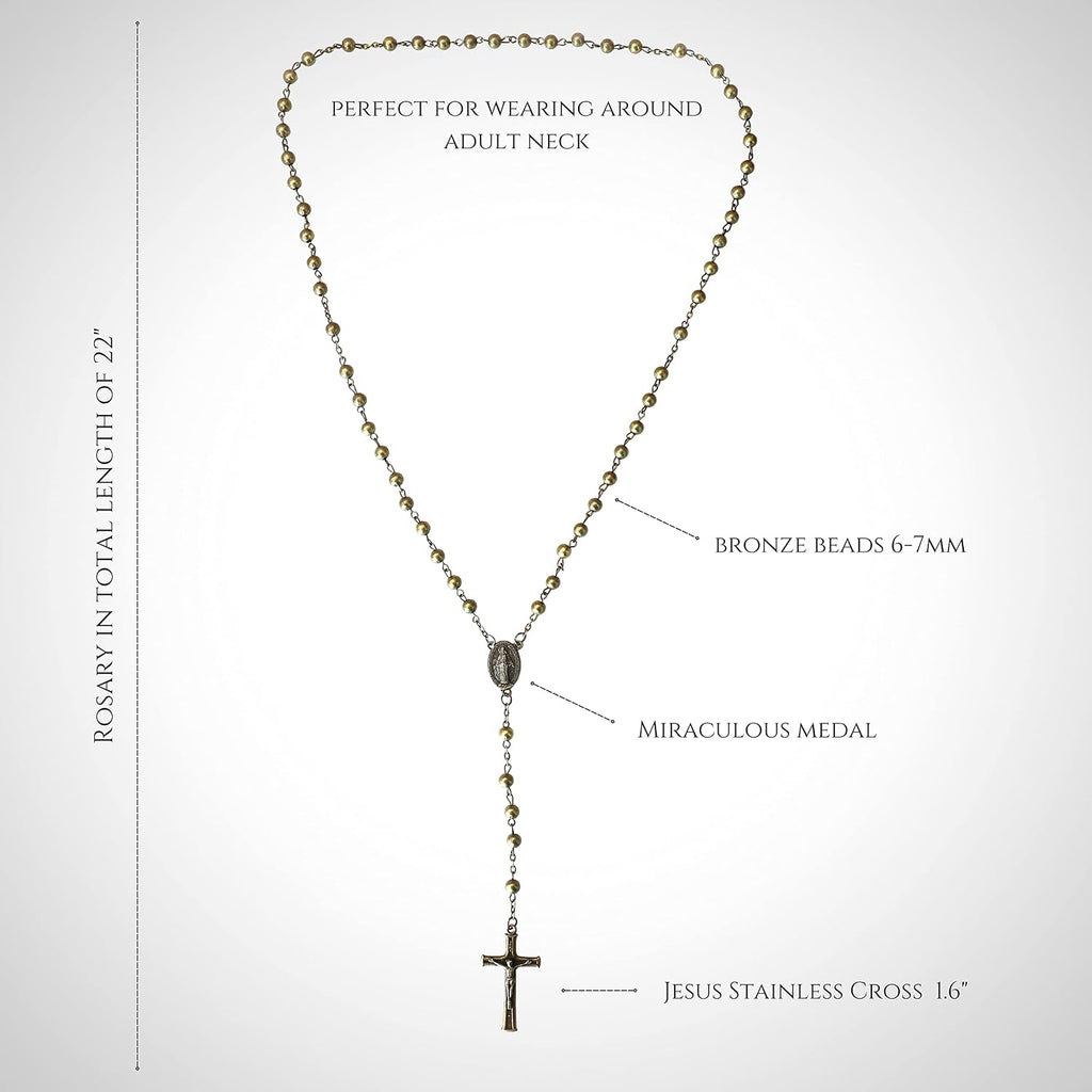 Nazareth Store WWII Combat Design Bronze Rosary Beads Handmade Metal Beaded Men Necklace Miraculous Medal with Jesus