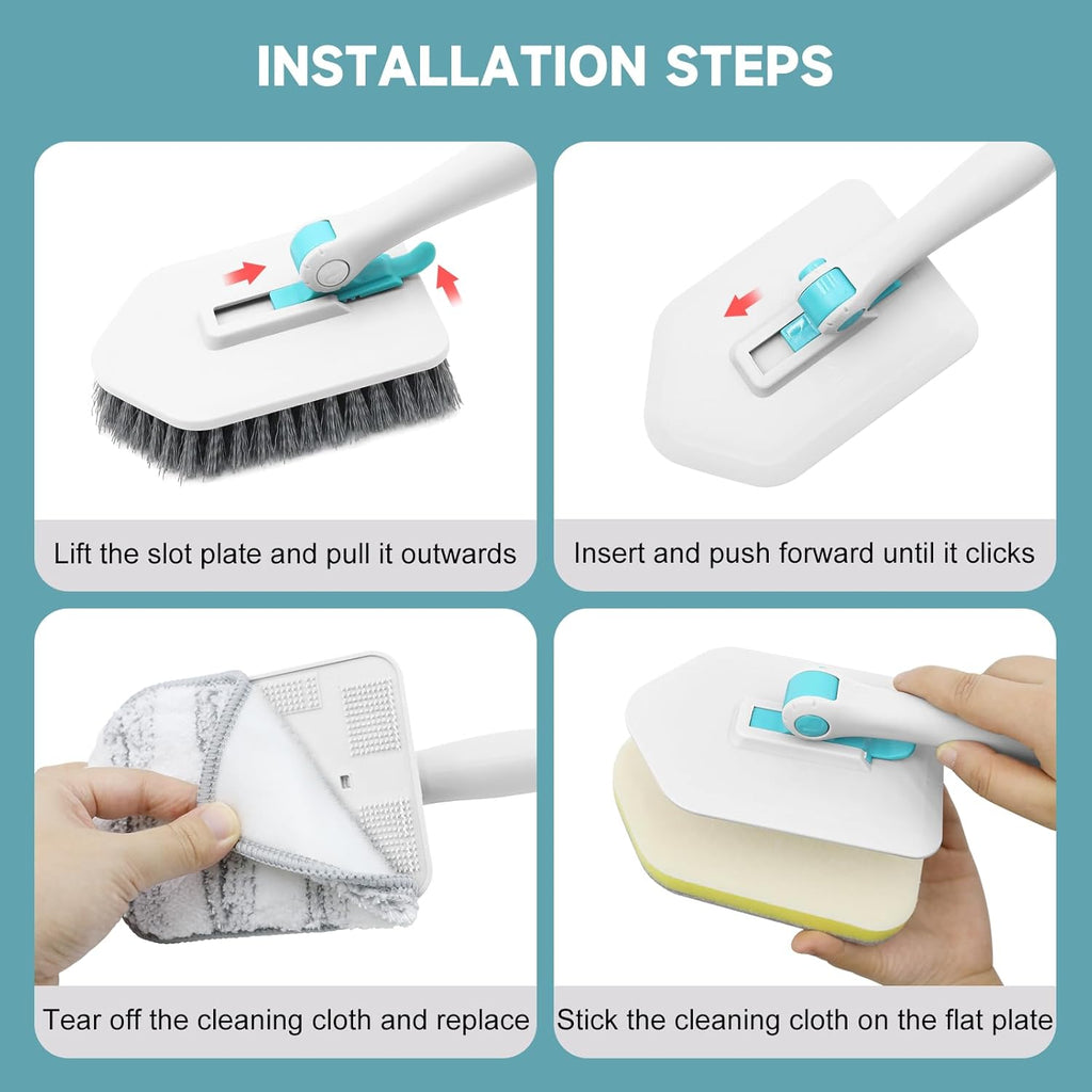 Shower Scrubber with Long Handle, 3 in 1 Tile Tub Scrubber Brush with 3 Detachable Cleaning Heads Adjustable Handle