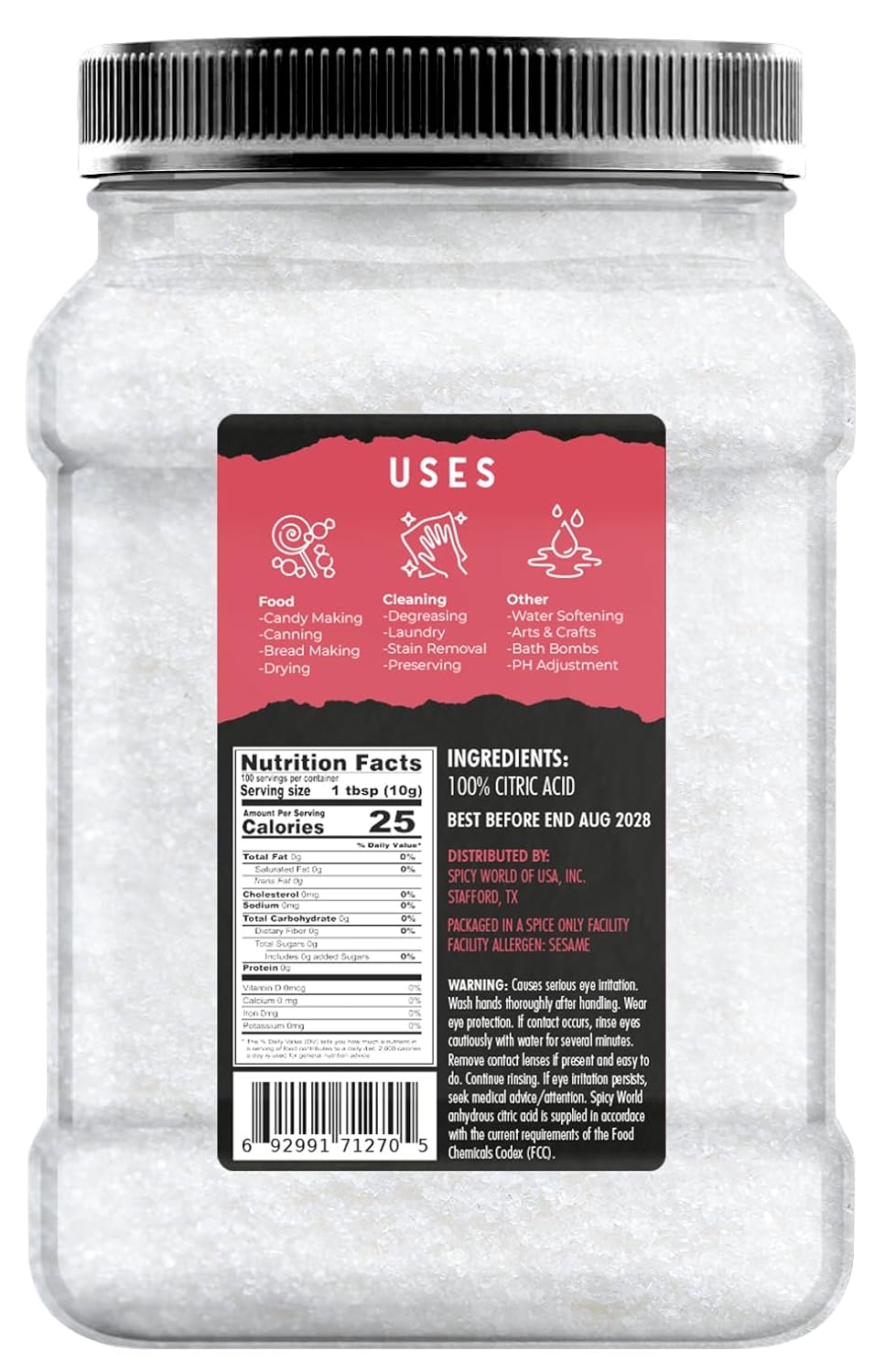 Citric Acid 2.2 LB Jar - Pure, All Natural, Food Grade, Non-GMO Citric Acid Powder for Cleaning, Bath Bombs