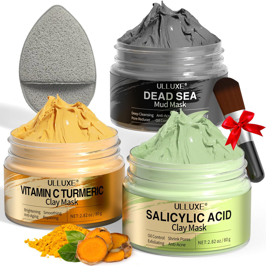 Facial Clay Mask Set - Vitamin C Turmeric Face Mask, Dead Sea Mud & Salicylic Acid (BHA) Mask for Pore Cleansing