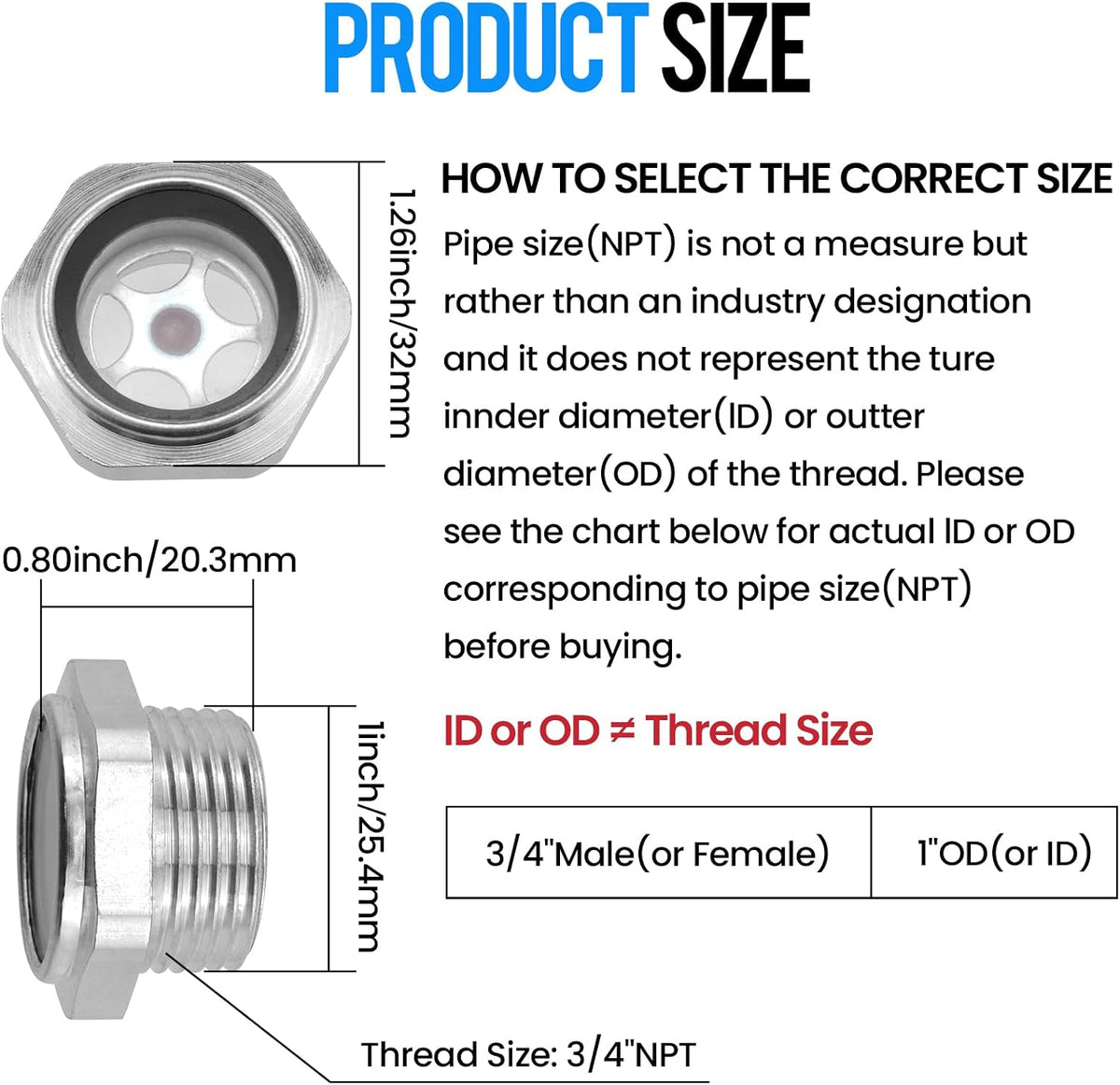 SDTC Tech 3/4" NPT Air Compressor Oil Sight Glass Male Thread