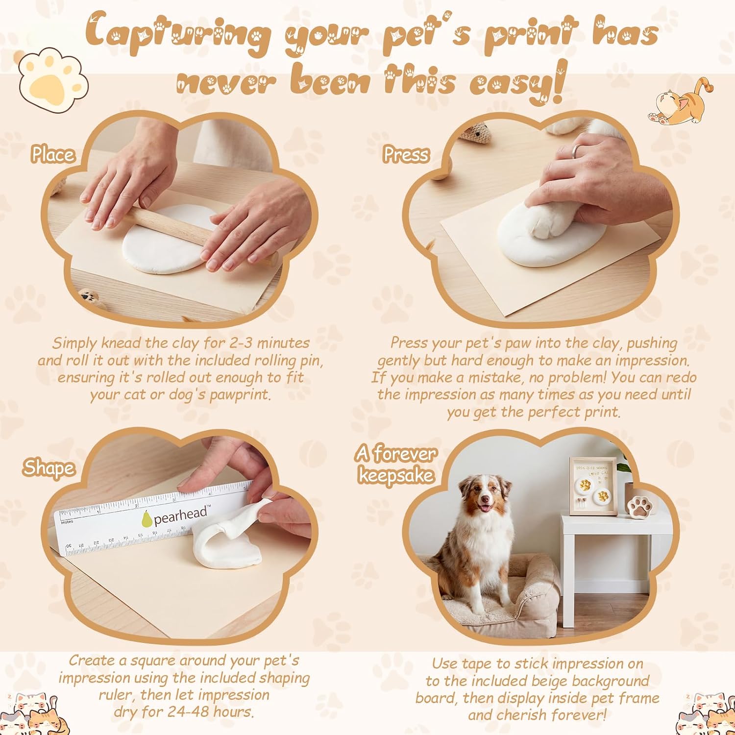 Dog Cat Paw Print Frame Kit, 8 Inch Pet Memorial Shadow Box with Clay Impression Kit, Hair & Teeth Keepsake, DIY Paw