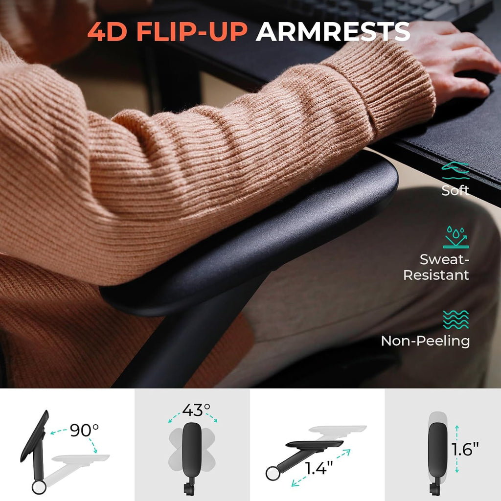 Ergonomic Mesh Office Chair, Adjustable Lumbar High Back Desk Chair 400lbs, 4D Flip-up Arms, 3-Level Tilt Backrest