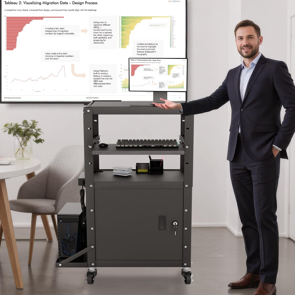 Mobile AV Cart with Side Shelves, Rolling Computer Cart Height Adjustable Rolling Media Utility Cart with Pullout
