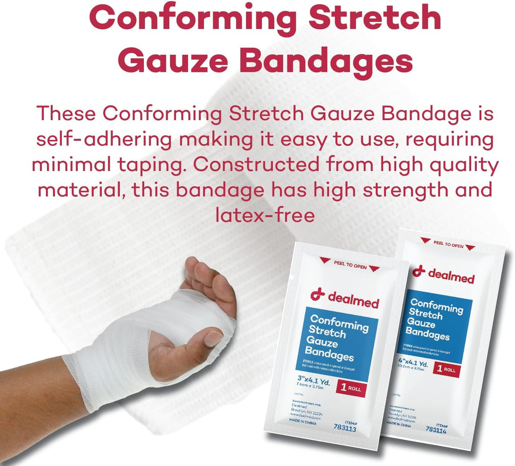 4" Sterile Conforming Stretch Gauze Bandages, 4.1 Yards Latex Free Stretched Dressing Wrap, Medical Non-Adherent