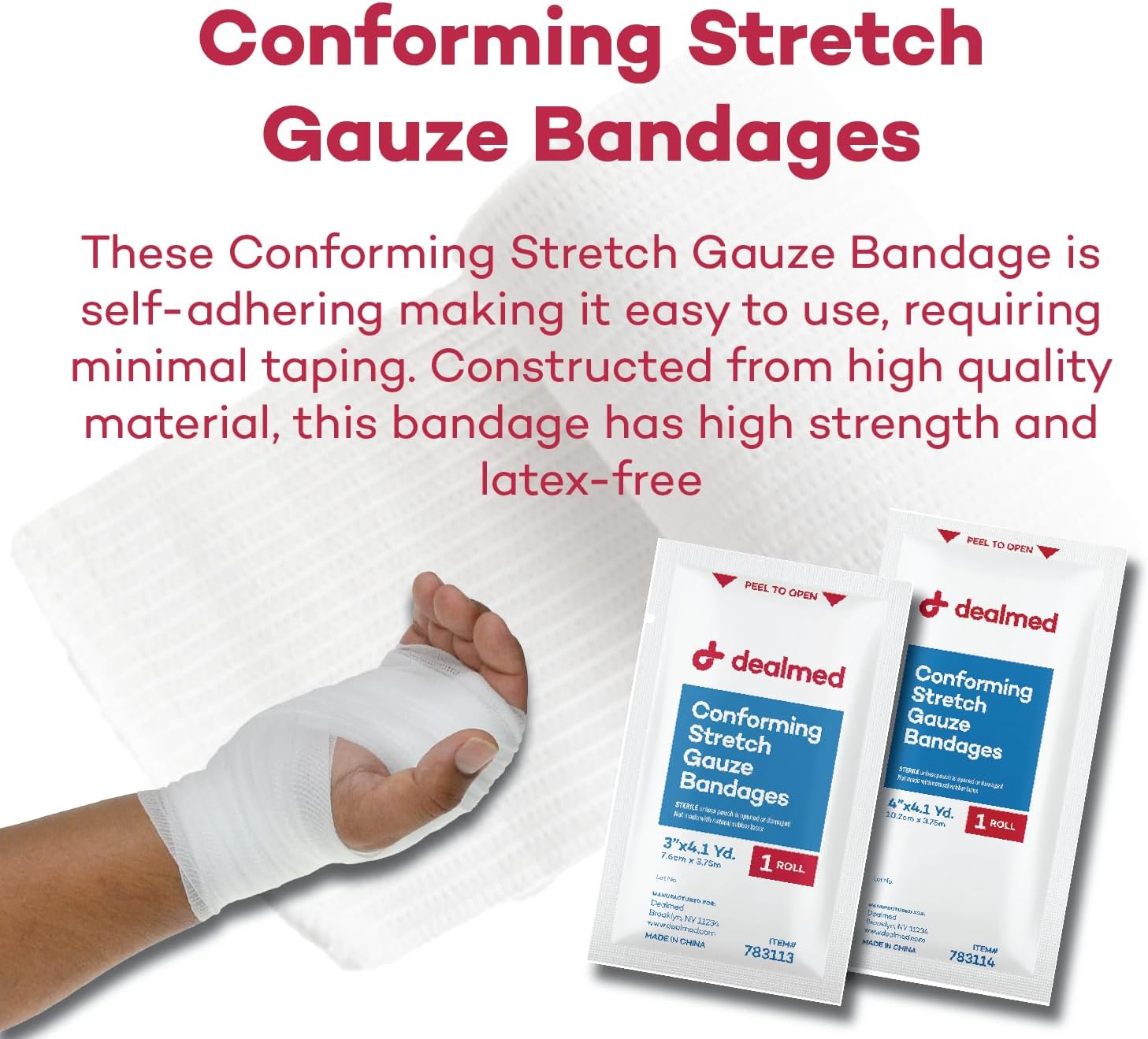 4" Sterile Conforming Stretch Gauze Bandages, 4.1 Yards Latex Free Stretched Dressing Wrap, Medical Non-Adherent