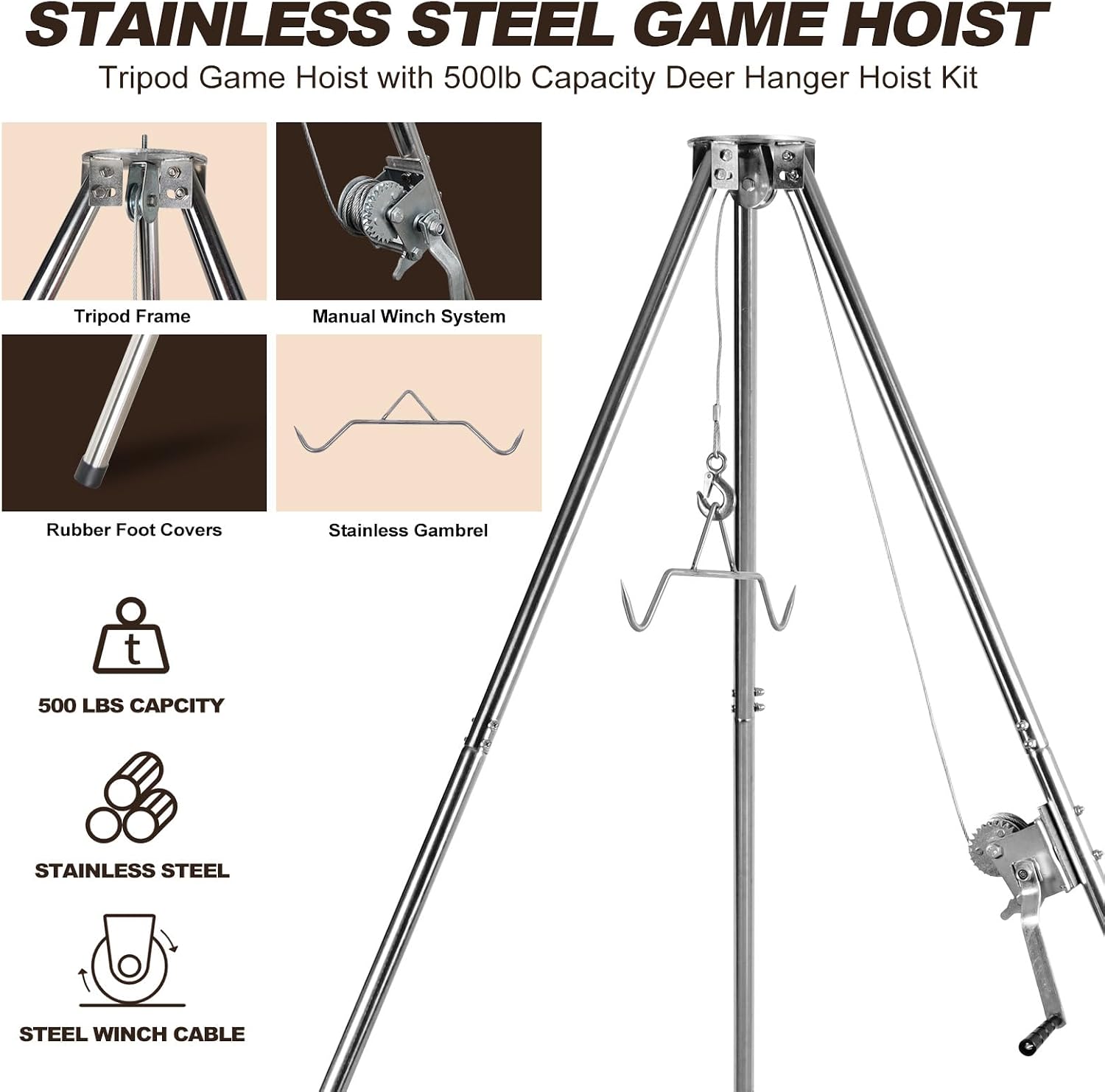 Deer Game Hoist Tripod Hanger Rack with Gambrel and Manual Winch