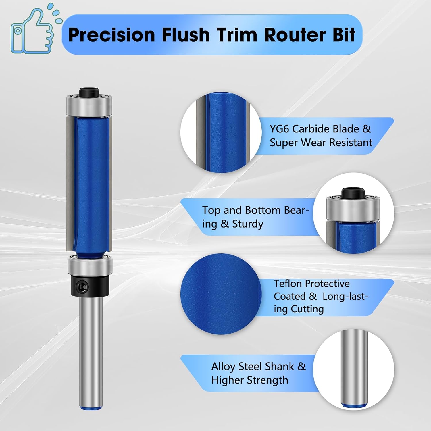 4 Pcs Flush Trim Router Bits 1/4 Inch Shank Top and Bottom Bearing, Carbide Straight Cut Router Bit Set for Trimming