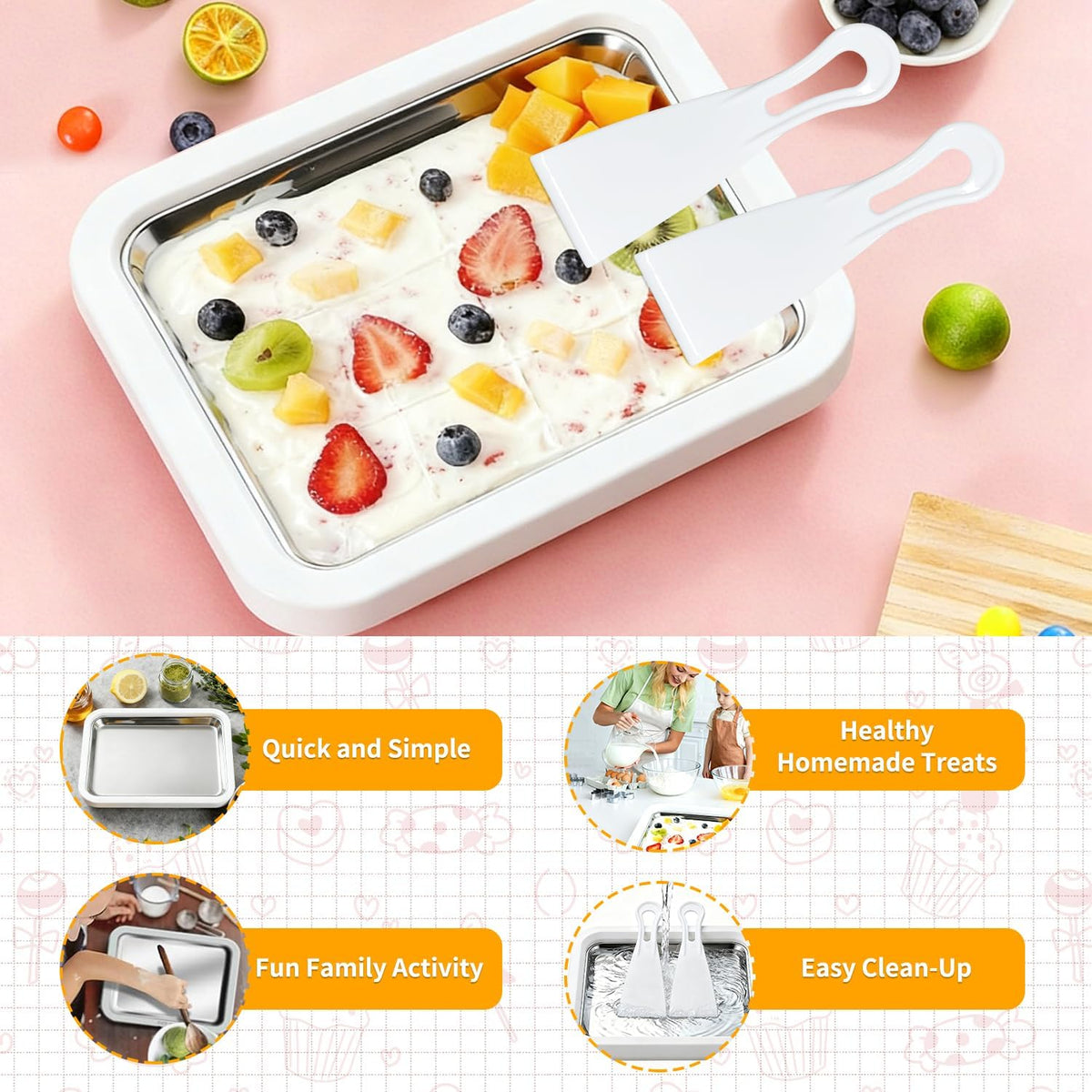 Rolled Ice Cream Maker with 2 Scrapers Food Grade Stainless