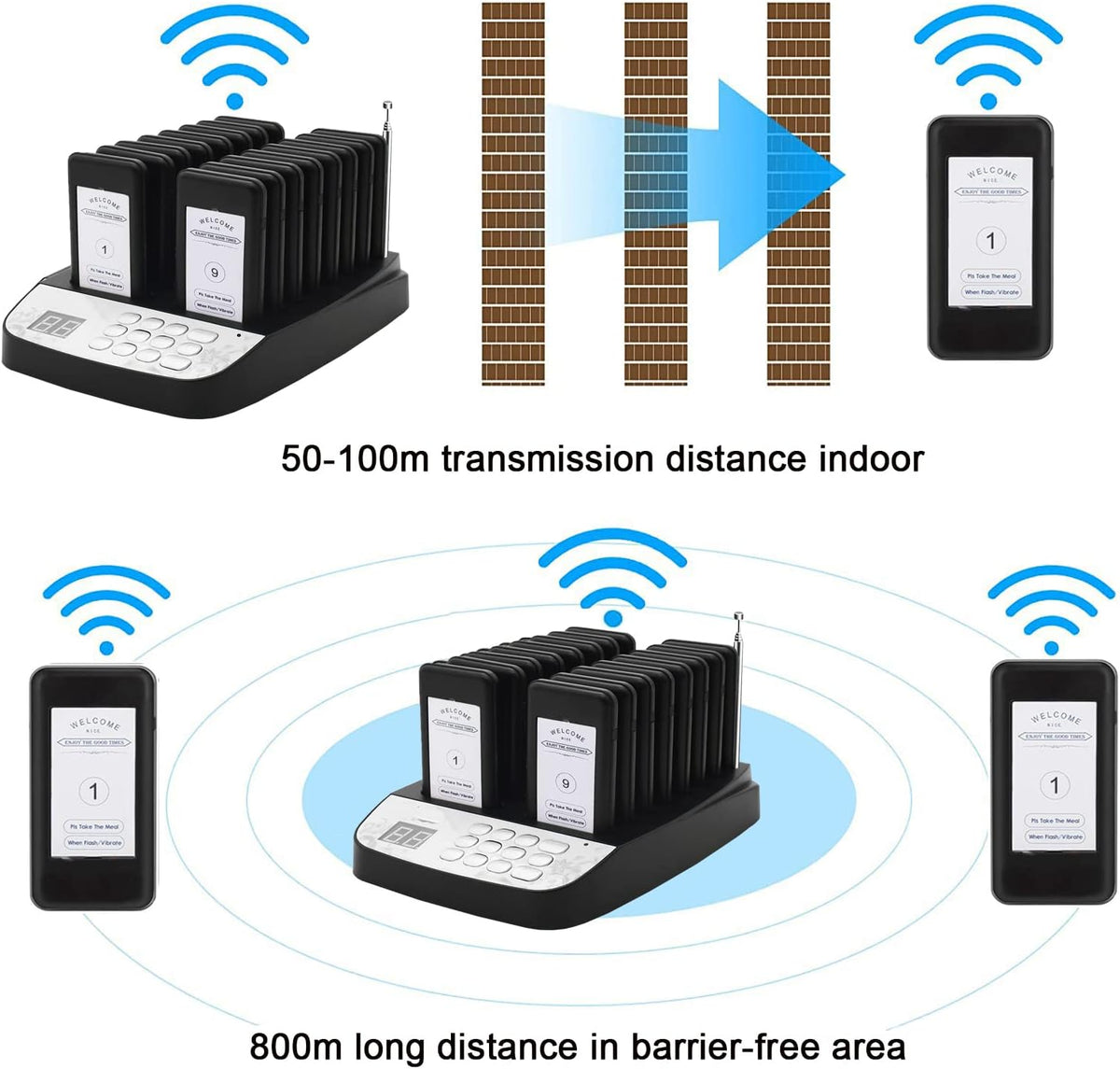 16 Wireless Buzzers Pager System Set with Vibration and Flashing Black