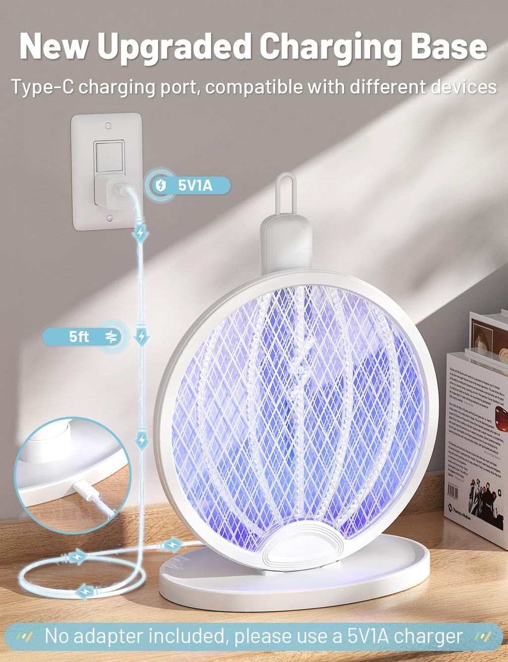 2 in 1 Mosquito Killer Racket, 4000V Foldable Electric Fly Swatter | Charging Base & Attractant Light, Rechargeable