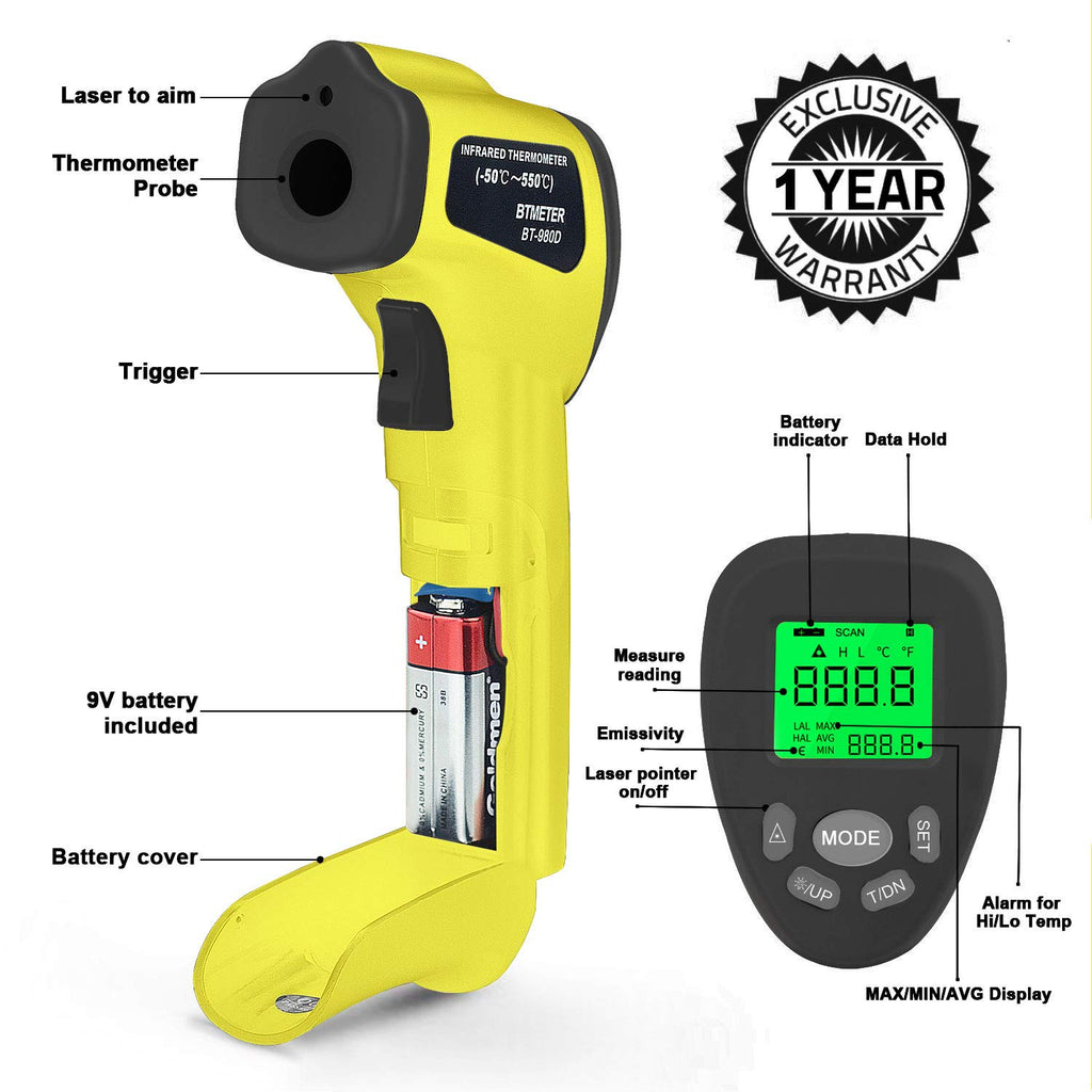 BTMETER Infrared Thermometer Laser Temperature Gun 980D