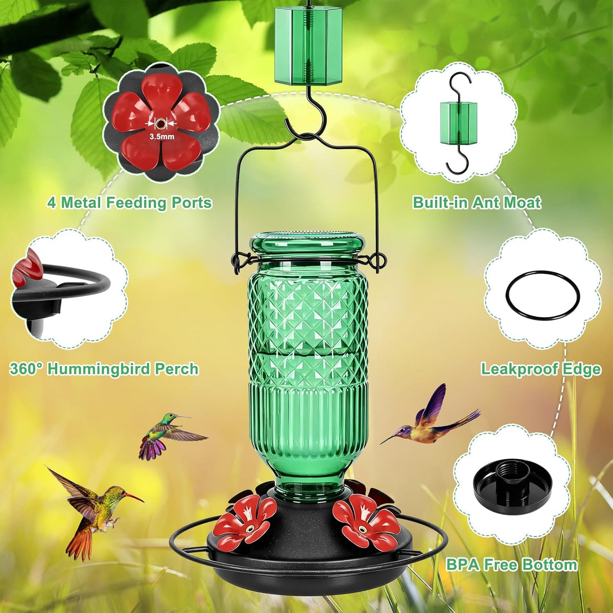 Glass Hummingbird Feeder 2 Pack, 16oz Leak-Proof with Ant Moat & Bee Guards, Easy Clean Wide Mouth, Metal Perches