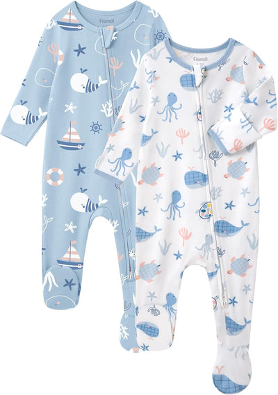 Baby Sleepers 100% Cotton Footie Pajamas, Newborn 0-3 3-6 6-9 Months with 2-Way Zipper, 2pcs PJs Baby Boy Clothes