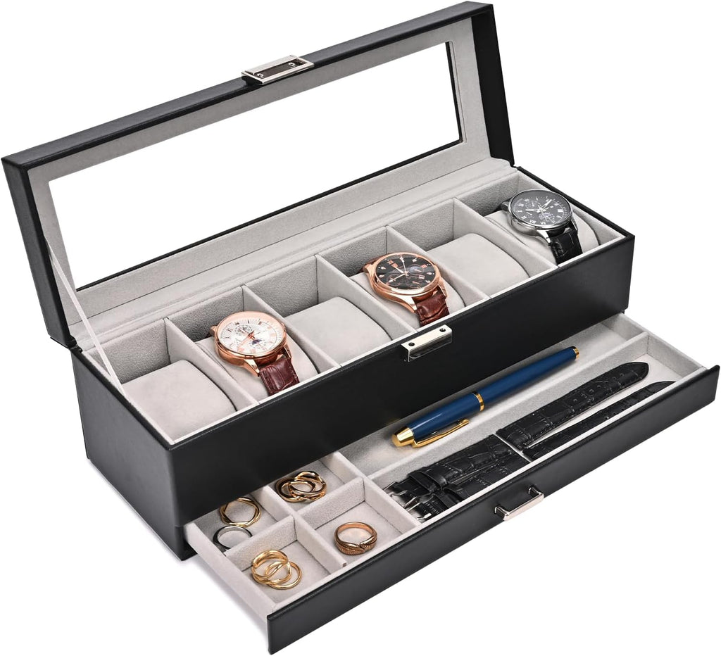 Watch Box, 6 Slot Watch Display Case with Drawer -Black | Mens Watches Case with Glass Lid, 2-Layer Mens Jewelry