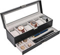 Watch Box, 6 Slot Watch Display Case with Drawer -Black | Mens Watches Case with Glass Lid, 2-Layer Mens Jewelry