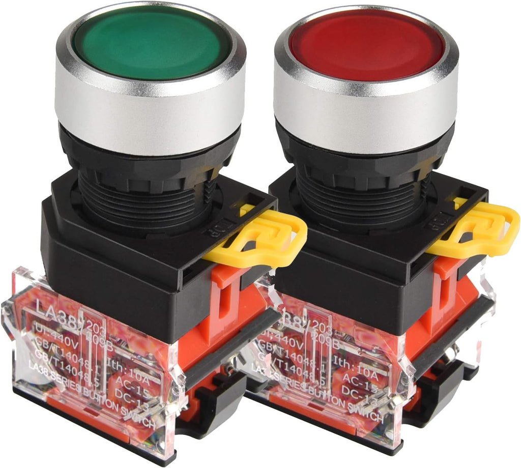 APIELE 2 Pcs 22mm Plastic Momentary Push Button Switch 10A 440V 1NO1NC DPST RED Green
