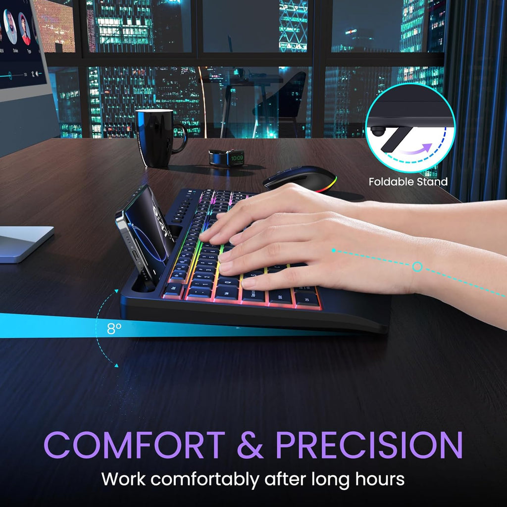 Wireless Keyboard and Mouse Combo- VEILZOR 2.4G Rechargeable Keyboard with Phone Holder, Ergonomic Wrist Rest, 9 RGB