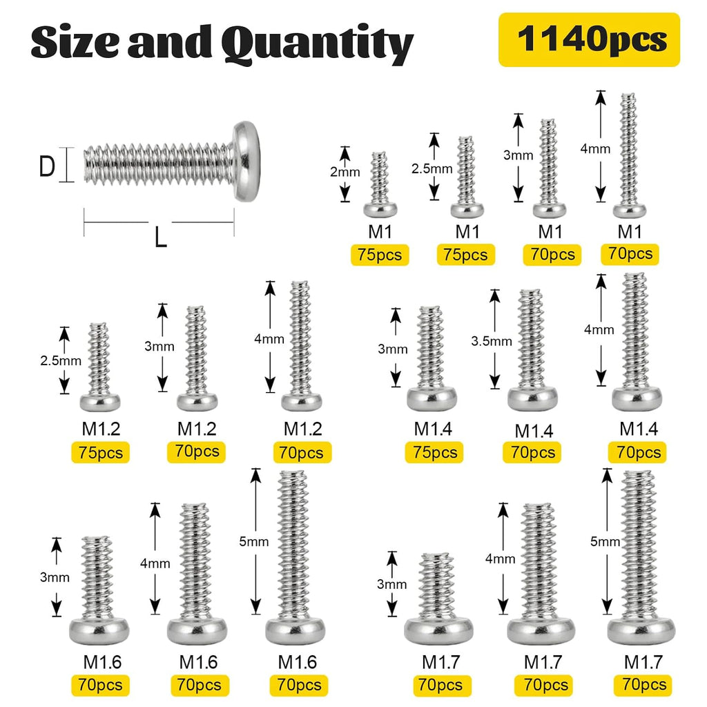 1140pcs M1 M1.2 M1.4 M1.6 M1.7 Micro Mini Pan Head Machine Screws Kit