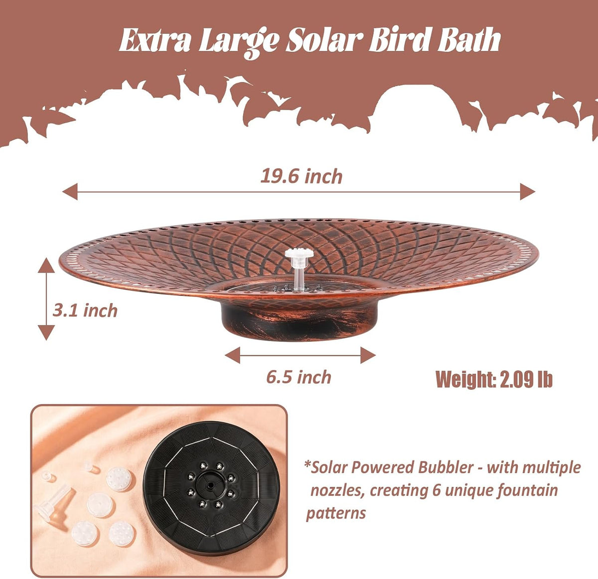 19.6" Large Bird Bath with Solar Fountain, LED & Battery Metal Birdbath