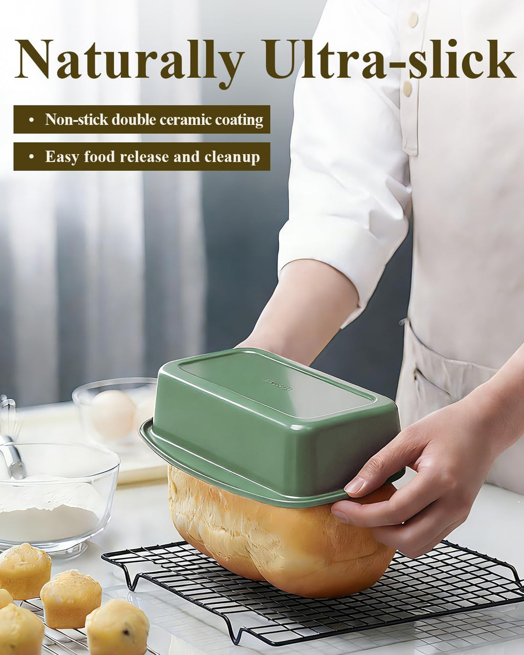 Nonstick Ceramic Bread Loaf Pan with Handle, Fern