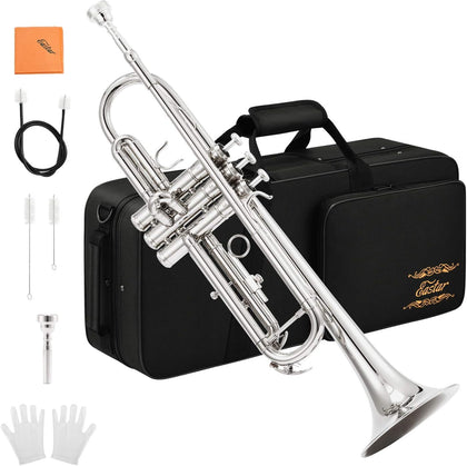 Bb Standard Trumpet Set for Beginner, Brass Student Trumpet Instrument with Hard Case, Cleaning Kit, 7C Mouthpiece