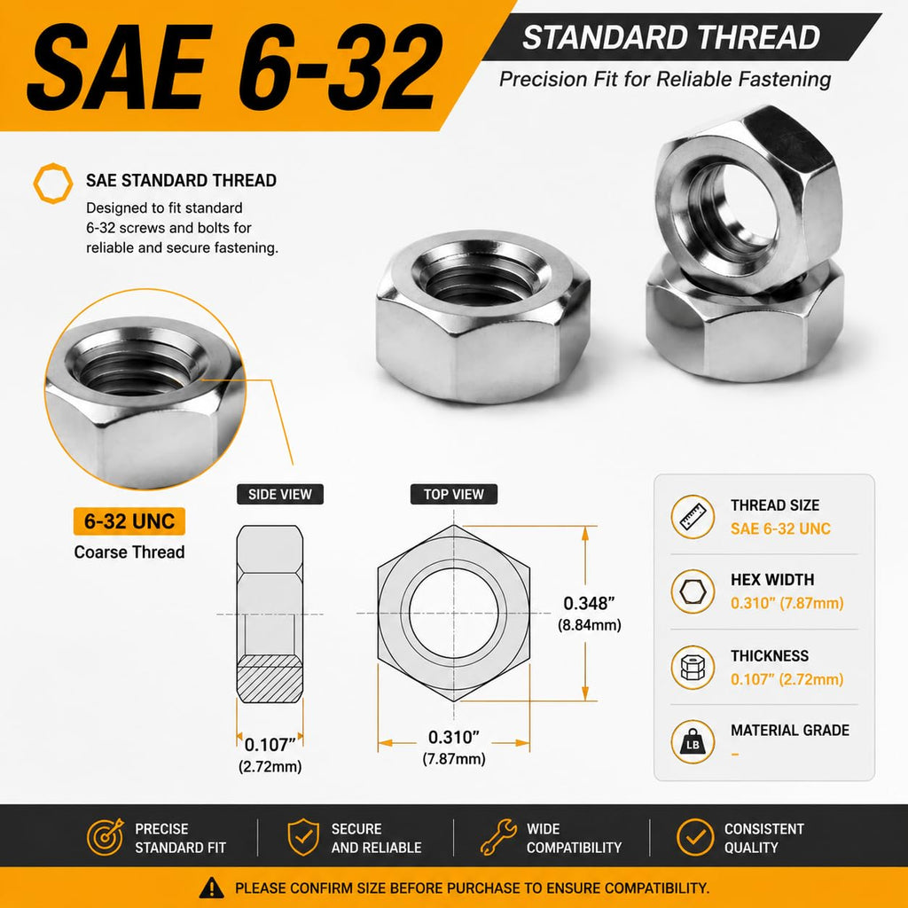 100PCS 6-32 Hex Nuts, 304 Stainless Steel, Full Thread