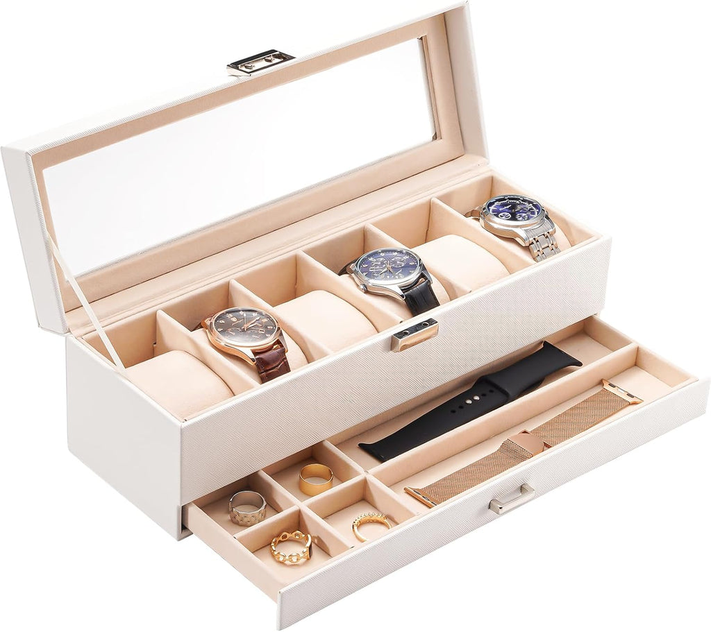 Watch Box, 6 Slot Watch Display Case with Drawer -White | Mens Watches Case with Glass Lid, 2-Layer Mens Jewelry