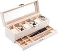 Watch Box, 6 Slot Watch Display Case with Drawer -White | Mens Watches Case with Glass Lid, 2-Layer Mens Jewelry