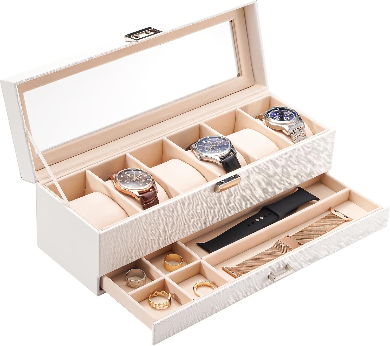Watch Box, 6 Slot Watch Display Case with Drawer -White | Mens Watches Case with Glass Lid, 2-Layer Mens Jewelry
