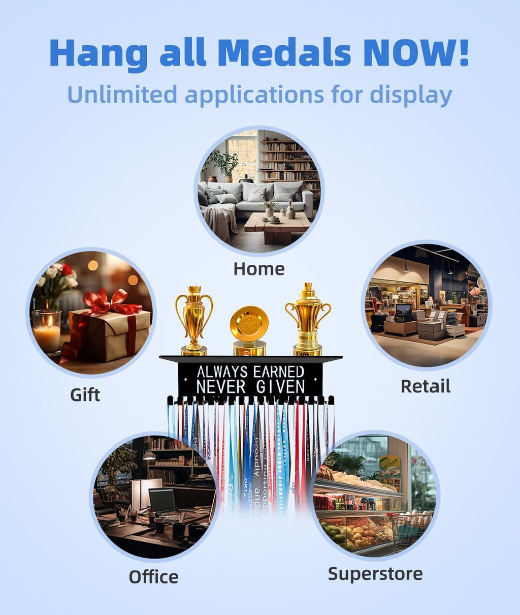 Awards Always Earned Never Given Medal Display Hanger Holder Bib Ribbon Rack Hooks Organizer Awards Ribbon Wall Mount