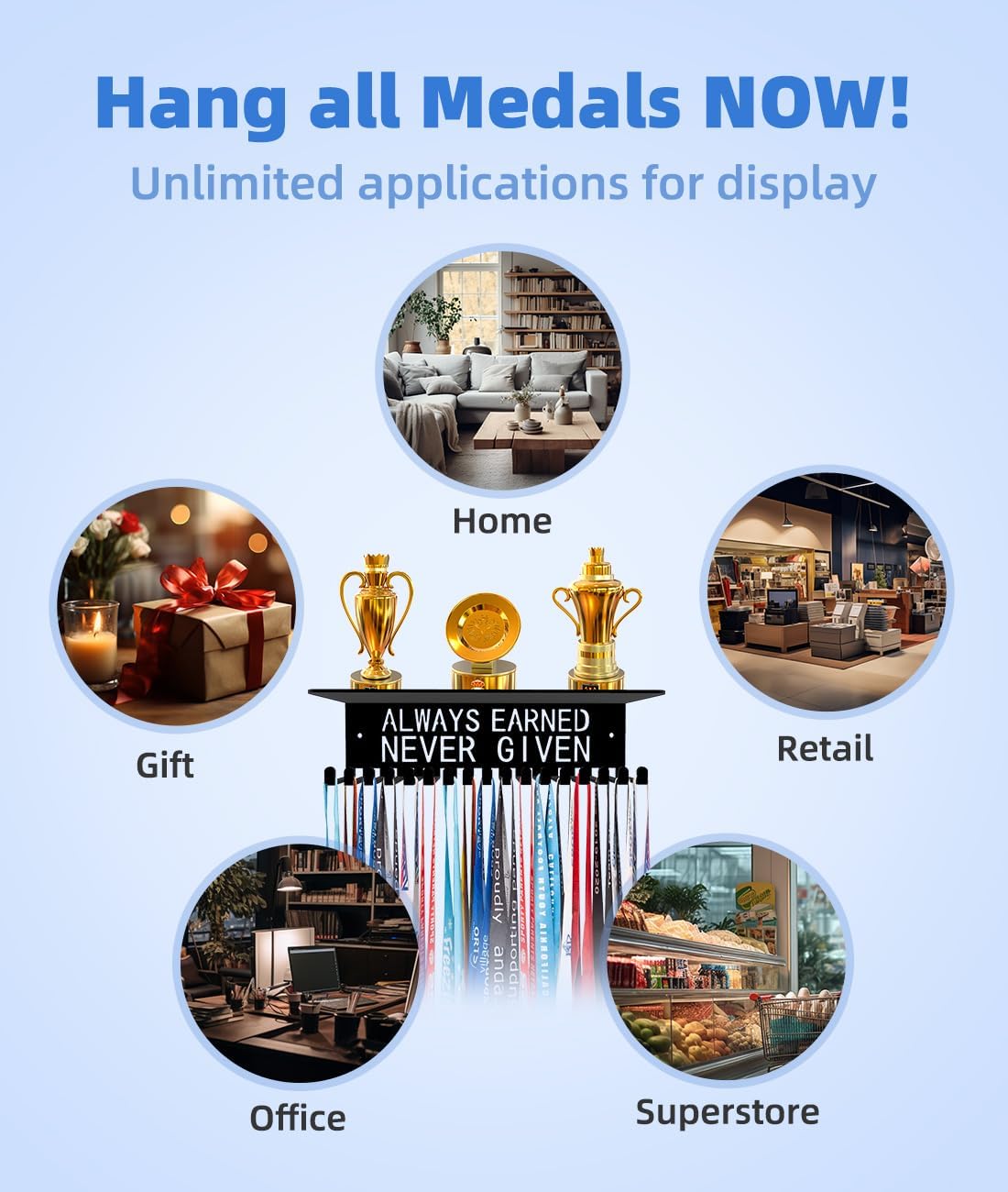 Awards Always Earned Never Given Medal Display Hanger Holder Bib Ribbon Rack Hooks Organizer Awards Ribbon Wall Mount