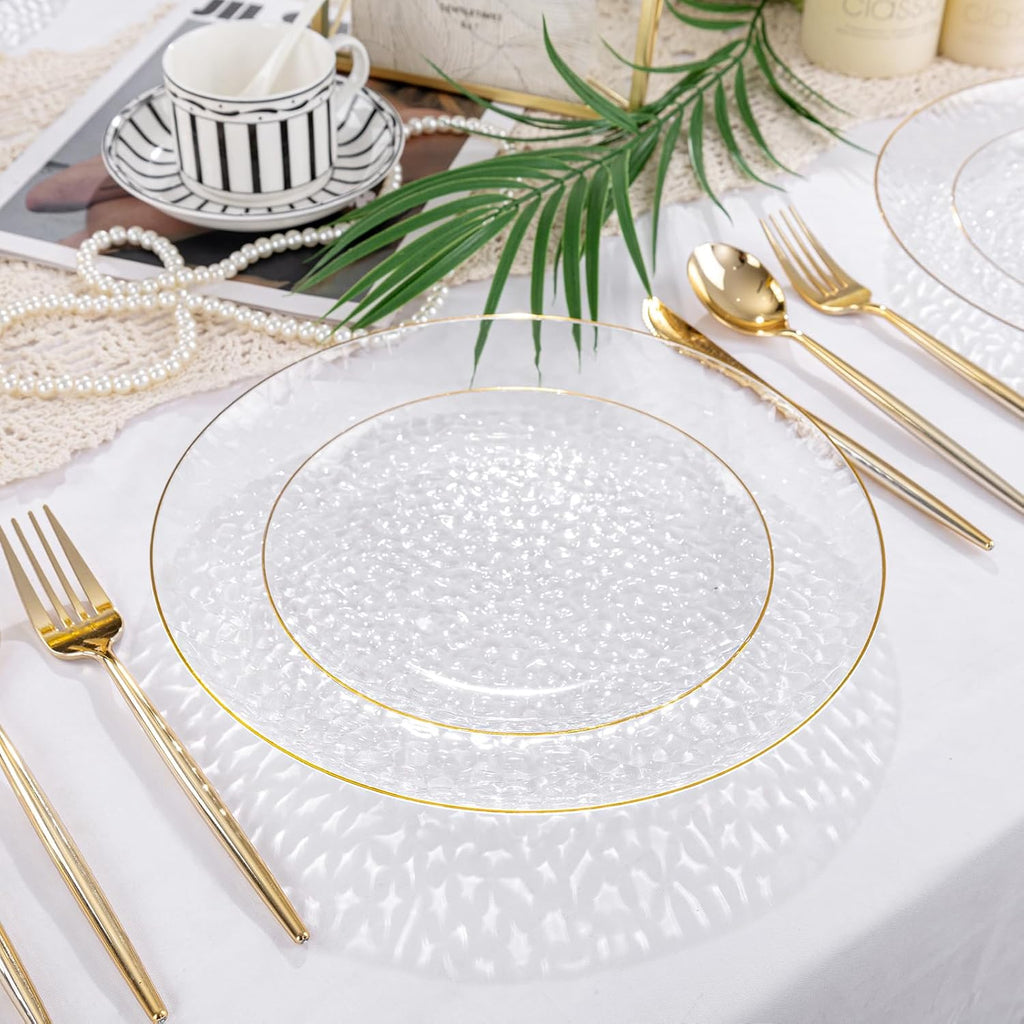 100Pcs Clear Gold Plastic Plates, Disposable Plates With Gold Rim, Heavy-duty Party Platos, Hammered Plastic Plates