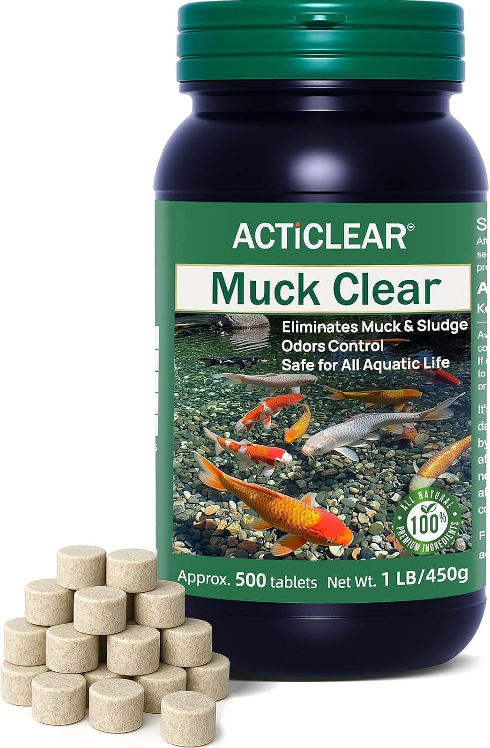 Muck Clear – Natural Pond Sludge Treatment, 500 Tablets for Ponds, Fountains & Bird Baths, Beneficial Bacteria &
