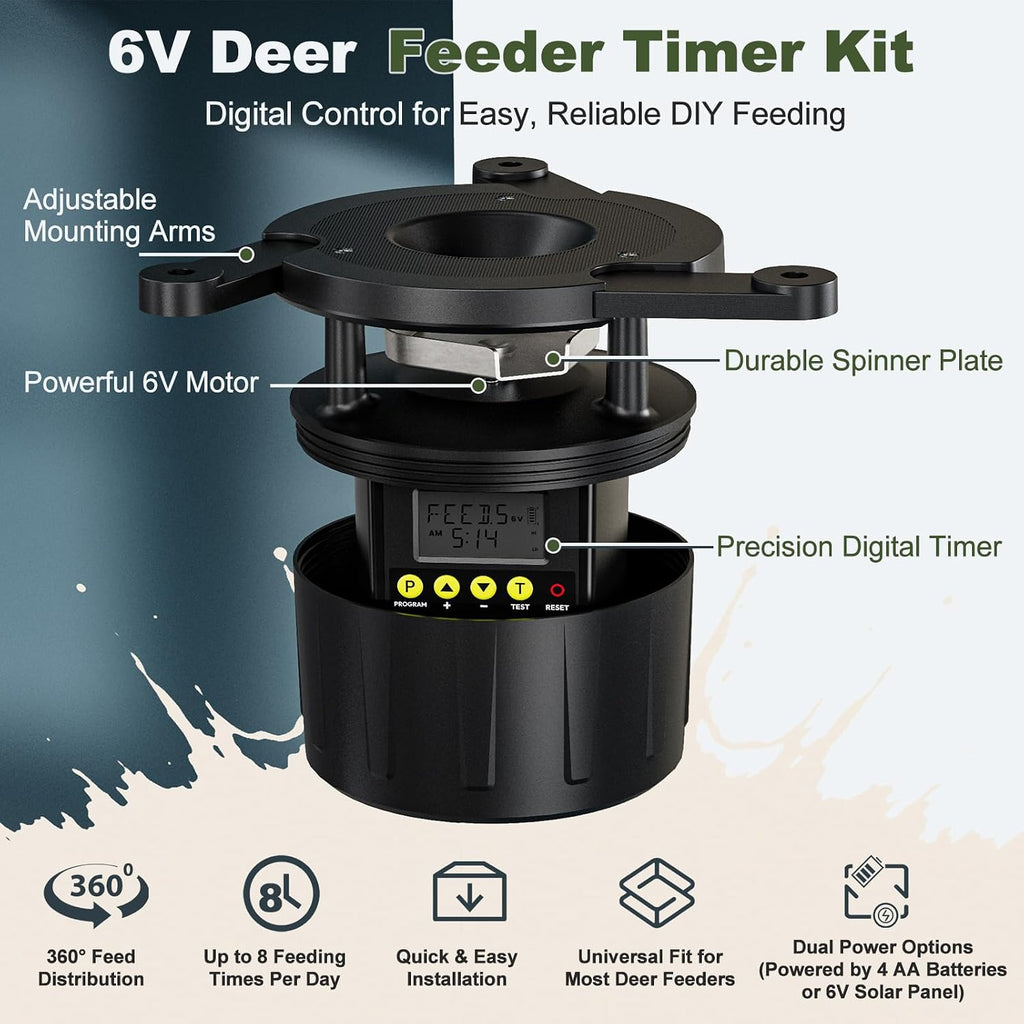 6V Deer Feeder Kit with Digital Timer, Dual Power (Solar Ready & Battery Backup), 1–8 Feedings Per Day, Adjustable