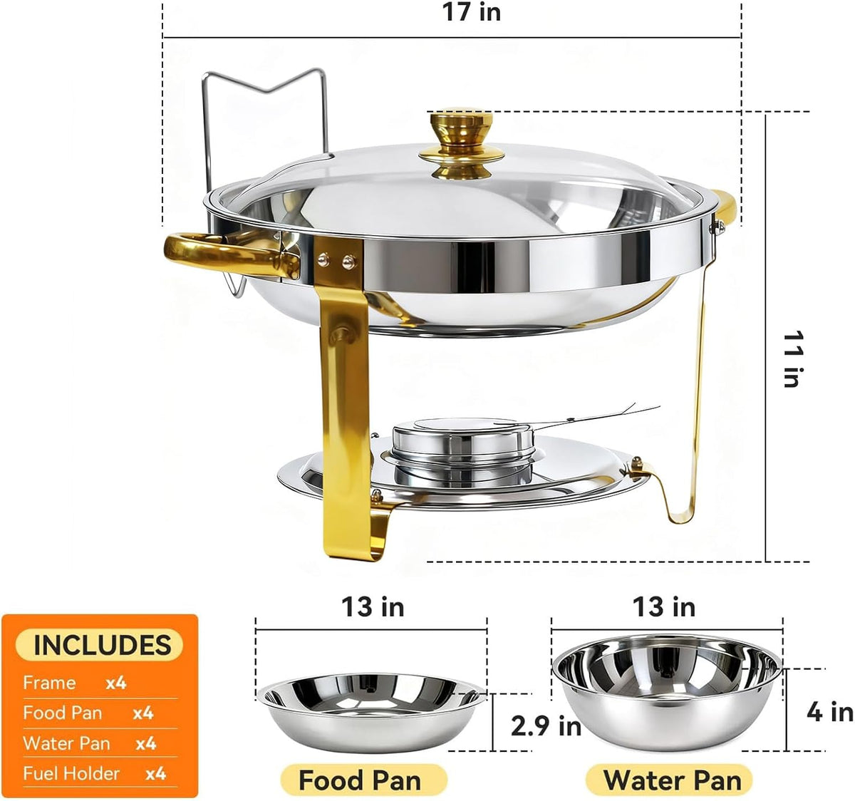 4-Pack Chafing Dish for Buffet Set, 6QT Round 304 Stainless Steel Buffet Food Warmers – Complete Set with Full