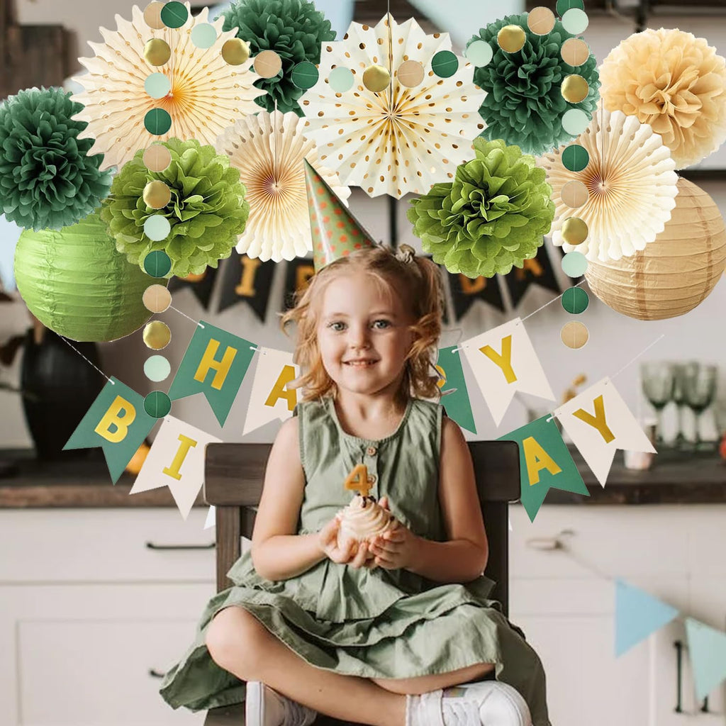 Green Birthday Party Decorations Olive Green Birthday Cream Tissue Pom Poms Paper Lanterns Circle Garland Hanging