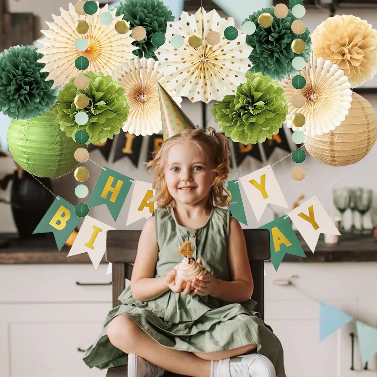 Green Birthday Party Decorations Olive Green Birthday Cream Tissue Pom Poms Paper Lanterns Circle Garland Hanging